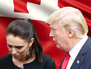 Former US President Donald Trump speaking to NZ Prime Minister Jacinda Ardern.